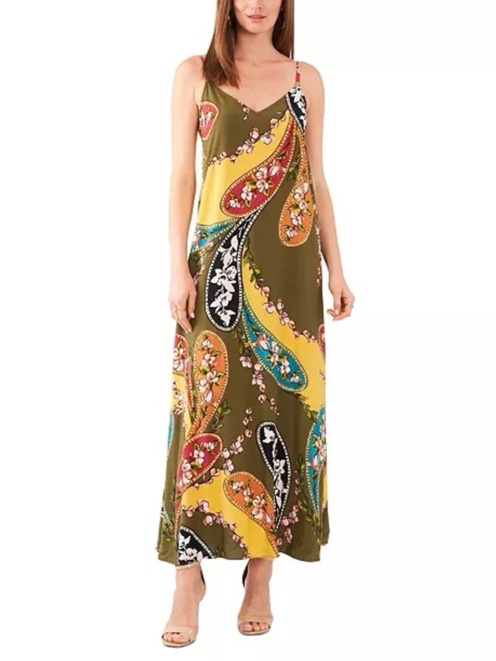 Vince Camuto multicolored paisley print maxi dress in military olive